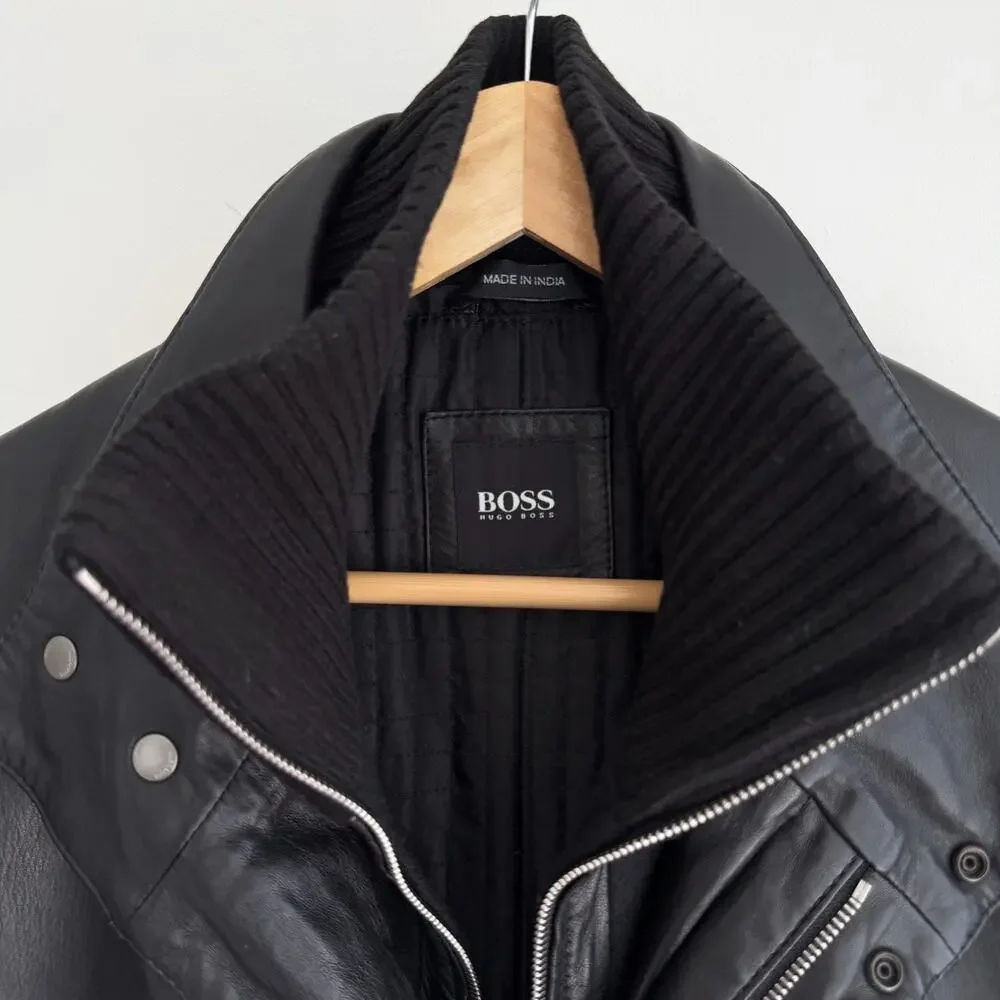 Hugo Boss Leather Jacket Men 38R Black Goatskin Military Field Biker Safari Coat - Picture 5 of 12